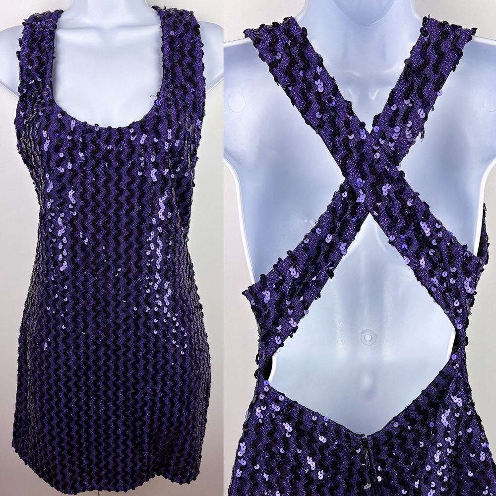 Y2K 90s Sequin Purple Criss Cross Open Back Mini Cocktail Dress Night Moves